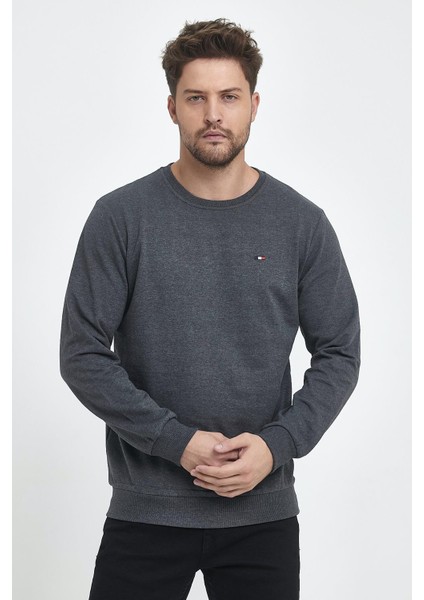 Erkek Siyah-Lacivert-Antrasit Bisiklet Yaka Nakış Detaylı Regular Fit 3'lü Sweatshirt