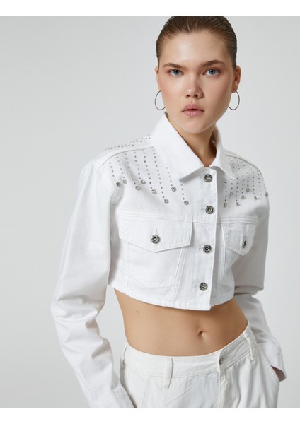 Taşlı Crop Kot Ceket Kapaklı Cepli Uzun Kollu Pamuklu