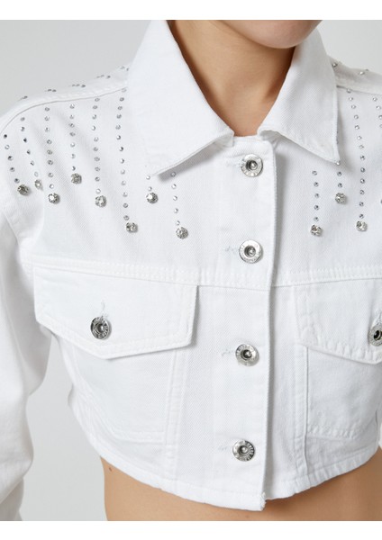 Taşlı Crop Kot Ceket Kapaklı Cepli Uzun Kollu Pamuklu indirimleri