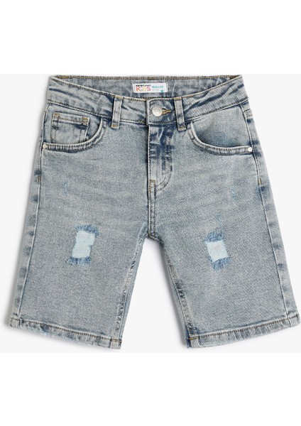 Kot Şort Yıpratılmış Detaylı Cepli Pamuklu