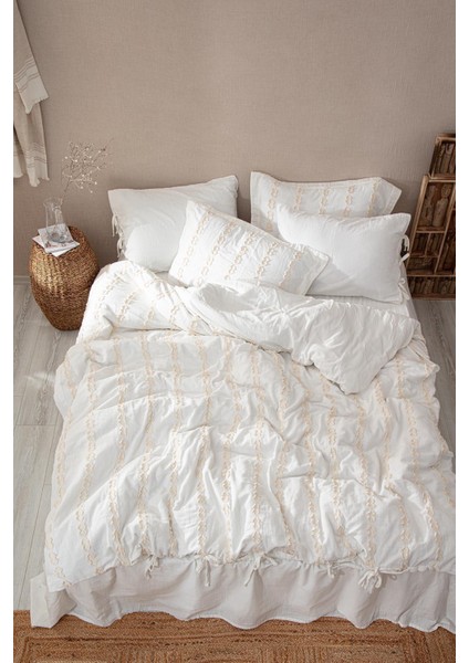 Sima Krem Organik Pamuk Müslin Brodeli Çift Kişilik Nevresim Takımı