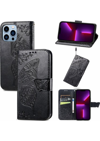 iPhone 13 Pro Max Kelebek Kanatları Narin Çiçekler Flip Darbeye Dayanıklı Deri Telefon Kılıfı ile Uyumlu (Yurt Dışından)