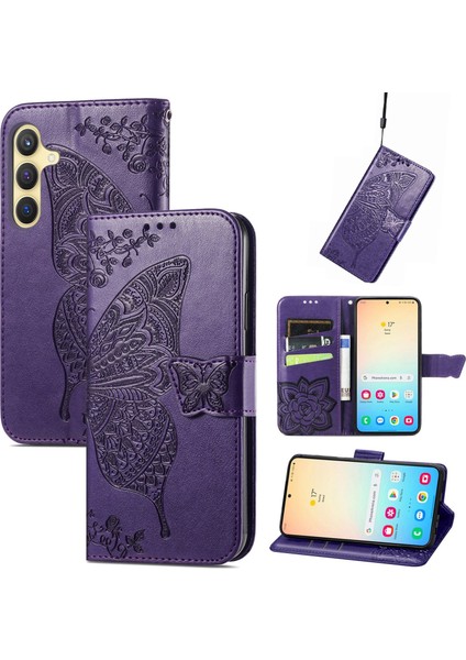 Samsung Galaxy S24 Kelebek Kanatları Narin Çiçekler Flip Darbeye Dayanıklı Deri Telefon Kılıfı ile Uyumlu (Yurt Dışından)