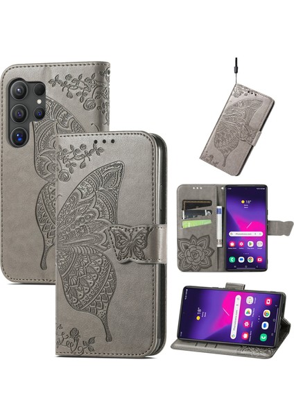 Samsung Galaxy S24 Ultra Kelebek Kanatları Narin Çiçekler Flip Darbeye Dayanıklı Deri Telefon Kılıfı ile Uyumlu (Yurt Dışından)