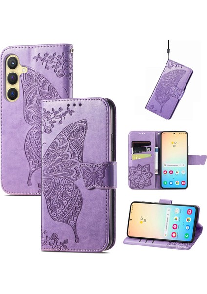 Samsung Galaxy S24 Kelebek Kanatları Narin Çiçekler Flip Darbeye Dayanıklı Deri Telefon Kılıfı ile Uyumlu (Yurt Dışından)