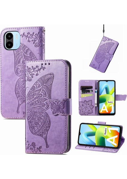 Xiaomi Redmi A1 Kelebek Kanatları Narin Çiçekler Darbeye Dayanıklı Deri Telefon Kılıfı (Yurt Dışından)