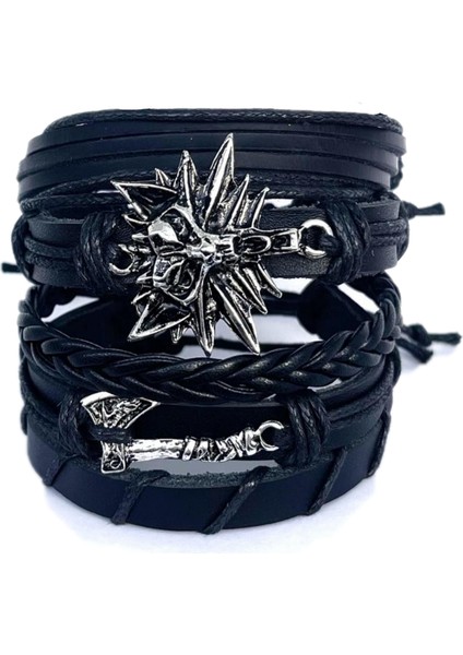 Viking Thor Balta ve Kurt Figürlü 5'li Deri Bileklik