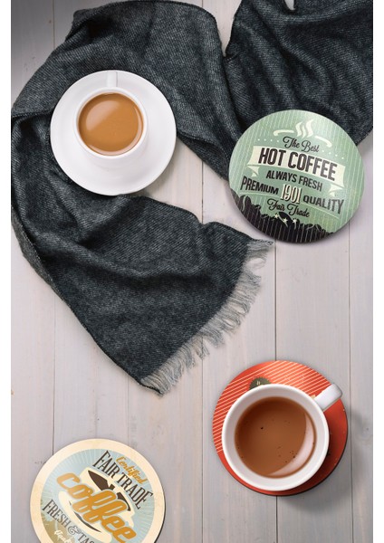 Coffe Yazıları Baskılı Ahşap Bardak Altlığı 6'lı Takım, Ofis Aksesuarı, Masa Aksesuarı, Çay Kahve Içecek Altlığı, Masa Üzeri Koruyucu Altlık