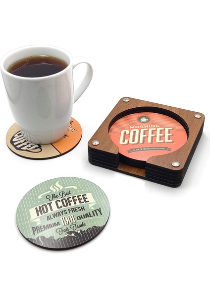 Coffe Yazıları Baskılı Ahşap Bardak Altlığı 6'lı Takım, Ofis Aksesuarı, Masa Aksesuarı, Çay Kahve Içecek Altlığı, Masa Üzeri Koruyucu Altlık fiyatları
