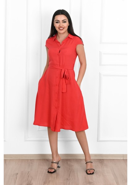 Kadın Kolsuz Düğmeli Kuşaklı Elbise 5175-23