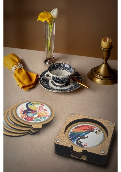 Kanaviçe Işlemeli Baskılı Kuş Desenli Ahşap Bardak Altlığı 6'lı Takım, Ofis Aksesuarı, Masa Aksesuarı, Çay Kahve Içecek Altlığı, Masa Üzeri Koruyucu Altlık