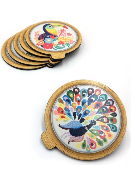 Kanaviçe Işlemeli Baskılı Kuş Desenli Ahşap Bardak Altlığı 6'lı Takım, Ofis Aksesuarı, Masa Aksesuarı, Çay Kahve Içecek Altlığı, Masa Üzeri Koruyucu Altlık modelleri