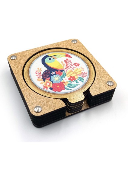 Kanaviçe Işlemeli Baskılı Kuş Desenli Ahşap Bardak Altlığı 6'lı Takım, Ofis Aksesuarı, Masa Aksesuarı, Çay Kahve Içecek Altlığı, Masa Üzeri Koruyucu Altlık fırsatları