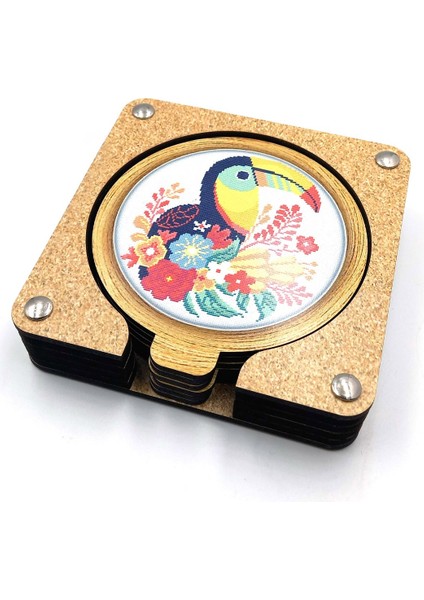 Kanaviçe Işlemeli Baskılı Kuş Desenli Ahşap Bardak Altlığı 6'lı Takım, Ofis Aksesuarı, Masa Aksesuarı, Çay Kahve Içecek Altlığı, Masa Üzeri Koruyucu Altlık indirimleri