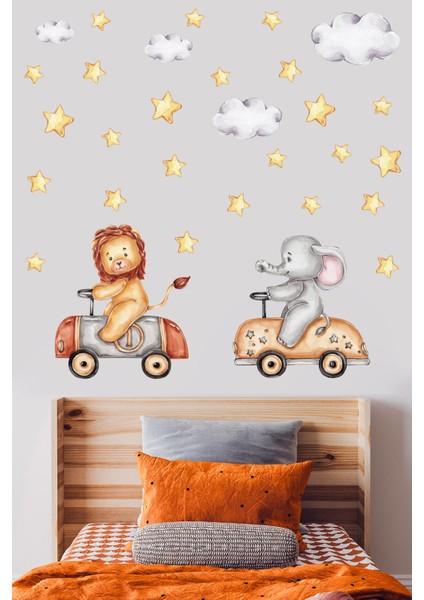 Sevimli Aslan ve Fil, Bulutlar, Yıldızlar Çocuk Odası Duvar Sticker 50 x 70 cm