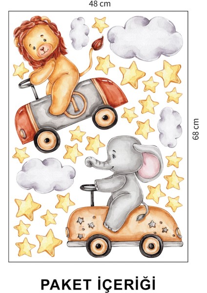 Sevimli Aslan ve Fil, Bulutlar, Yıldızlar Çocuk Odası Duvar Sticker 50 x 70 cm fiyatları