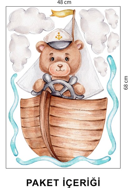 Kaptan Sevimli Ayı ve Bulutlar Çocuk Odası Duvar Sticker 50 x 70 cm fiyatları