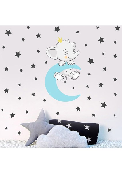 Ayda Uyuyan Sevimli Fil ve Yıldızlar Çocuk Odası Duvar Sticker 50 x 70 cm fırsatları