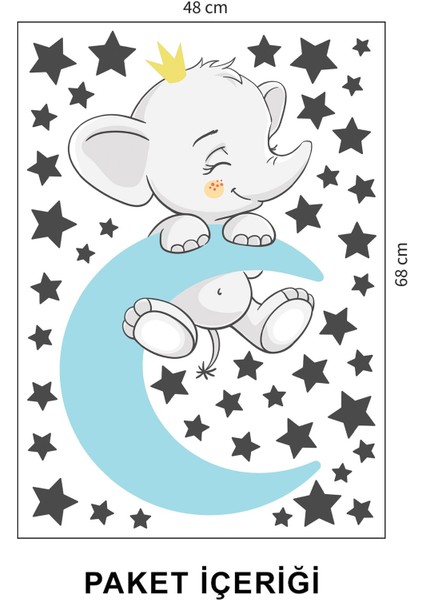Ayda Uyuyan Sevimli Fil ve Yıldızlar Çocuk Odası Duvar Sticker 50 x 70 cm indirimleri