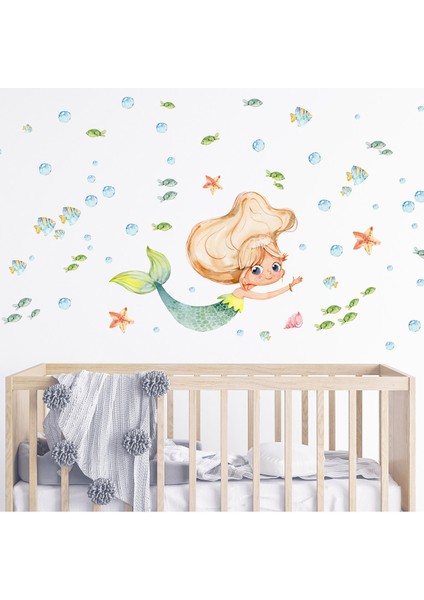 Deniz Kızı ve Deniz Canlıları Temalı Çocuk Odası Duvar Sticker 50 x 70 cm