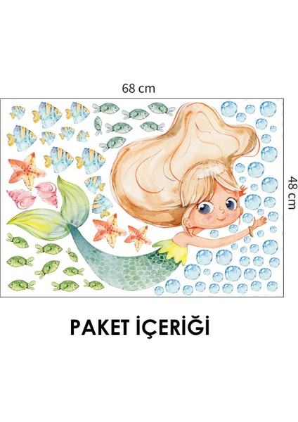 Deniz Kızı ve Deniz Canlıları Temalı Çocuk Odası Duvar Sticker 50 x 70 cm fiyatları