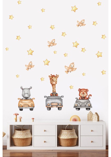 Safari Gezintisi Sevimli Hayvanlar Kuşlar ve Yıldızlar Çocuk Odası Duvar Sticker 50 x 70 cm