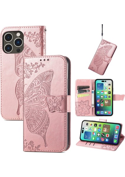 iPhone 14 Pro Max Kelebek Kanatları Narin Çiçekler Flip Darbeye Dayanıklı Deri Telefon Kılıfı ile Uyumlu (Yurt Dışından)