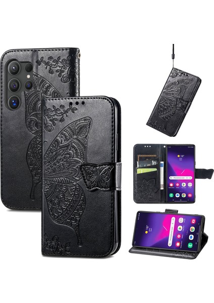 Samsung Galaxy S24 Ultra Kelebek Kanatları Narin Çiçekler Flip Darbeye Dayanıklı Deri Telefon Kılıfı ile Uyumlu (Yurt Dışından)