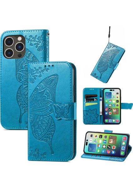 iPhone 14 Pro Kelebek Kanatları Narin Çiçekler Flip Darbeye Dayanıklı Deri Telefon Kılıfı ile Uyumlu (Yurt Dışından)