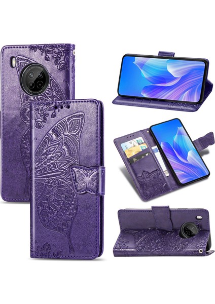 Huawei Y9A Kelebek Kanatları Narin Çiçekler Flip Darbeye Dayanıklı Deri Telefon Kılıfı ile Uyumlu (Yurt Dışından)