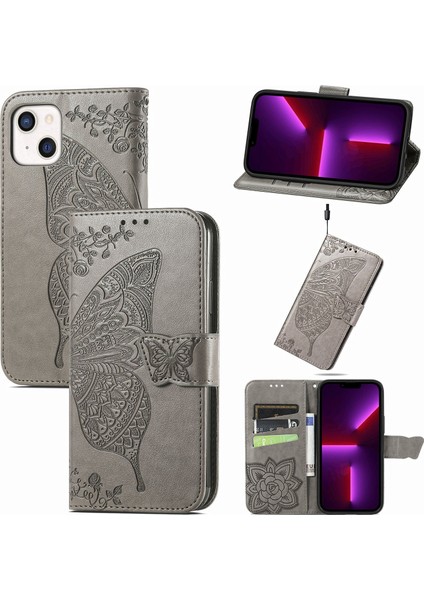 iPhone 13 Mini Kelebek Kanatları Narin Çiçekler Flip Darbeye Dayanıklı Deri Telefon Kılıfı ile Uyumlu (Yurt Dışından)