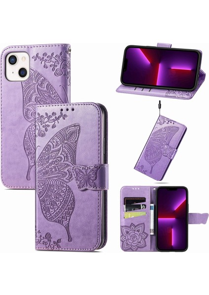 iPhone 13 Mini Kelebek Kanatları Narin Çiçekler Flip Darbeye Dayanıklı Deri Telefon Kılıfı ile Uyumlu (Yurt Dışından)