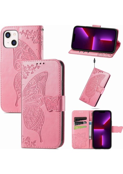 iPhone 13 Mini Kelebek Kanatları Narin Çiçekler Flip Darbeye Dayanıklı Deri Telefon Kılıfı ile Uyumlu (Yurt Dışından)