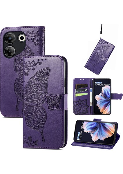 Tecno Camon 20 Pro 5g Kelebek Kanatları Narin Çiçekler Darbeye Dayanıklı Deri Telefon Kılıfı (Yurt Dışından)
