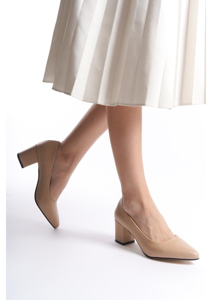 Kadın Camila Ten Cilt 6 cm Kalın Topuklu Hafif Sivri Burunlu Klasık Ayakkabı modelleri