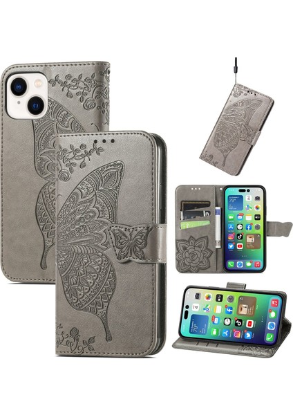 iPhone 14 Plus Kelebek Kanatları Narin Çiçekler Flip Darbeye Dayanıklı Deri Telefon Kılıfı ile Uyumlu (Yurt Dışından)