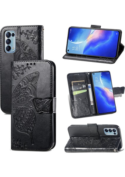 Oppo Reno 5 Kelebek Kanatları Narin Çiçekler Darbeye Dayanıklı Deri Telefon Kılıfı (Yurt Dışından)