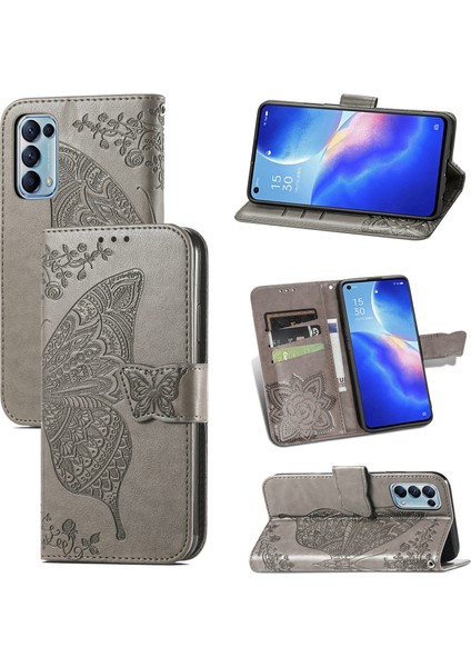 Oppo Reno 5 Kelebek Kanatları Narin Çiçekler Darbeye Dayanıklı Deri Telefon Kılıfı (Yurt Dışından)