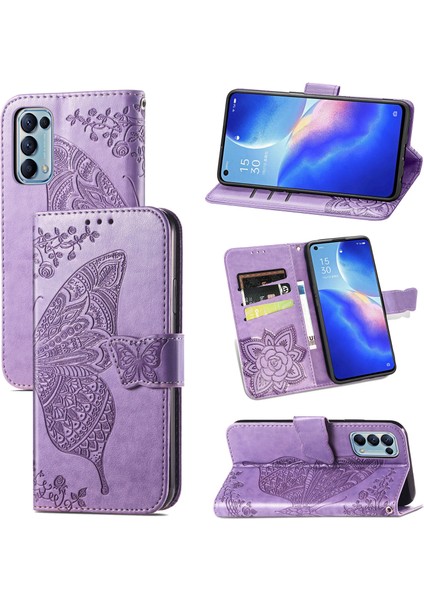 Oppo Reno 5 Kelebek Kanatları Narin Çiçekler Darbeye Dayanıklı Deri Telefon Kılıfı (Yurt Dışından)