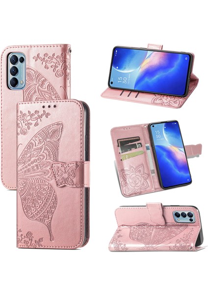 Oppo Reno 5 Kelebek Kanatları Narin Çiçekler Darbeye Dayanıklı Deri Telefon Kılıfı (Yurt Dışından)