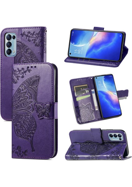 Oppo Reno 5 Kelebek Kanatları Narin Çiçekler Darbeye Dayanıklı Deri Telefon Kılıfı (Yurt Dışından)