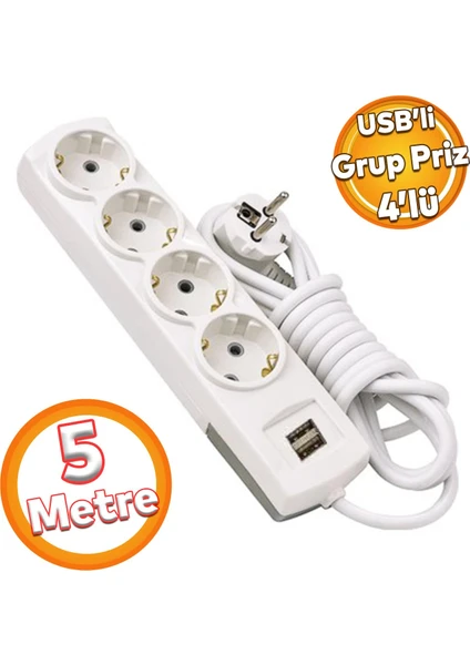 Kablolu Usb'li 4'lü Topraklı Grup Priz Fiş Çoğaltıcı 5 Metre Çoklu Asmalı Uzatma Kablosu Düğmesiz