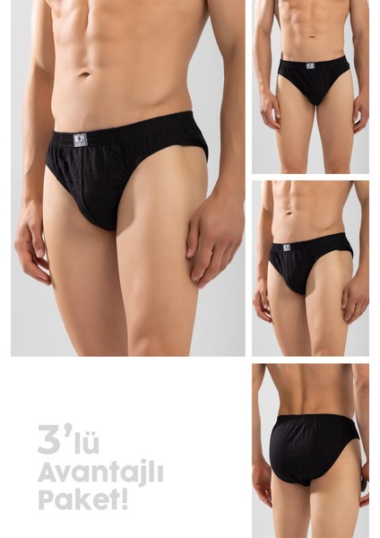 Erkek Pamuklu Beli Lastikli Düz Slip Külot 3'lü Paket Siyah