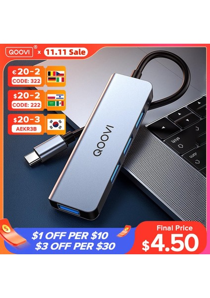 Qoovı USB C Hub 4 In 1 Tip C - Macbook Pro iPad Air Için USB 3.0 Adaptör Dock Huaweı Mate 40 30 Usb-C 3.1 Splitter Bağlantı Noktası Otg Hub (Yurt Dışından)