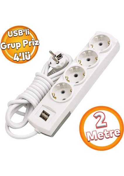 Kablolu Usb'li 4'lü Topraklı Grup Priz Fiş Çoğaltıcı 2 Metre Çoklu Asmalı Uzatma Kablosu Düğmesiz