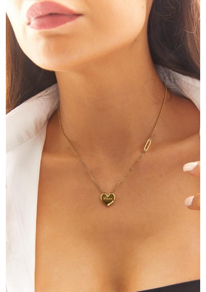 Kadın Çelik Love Yazı Detaylı Kalp Kolye