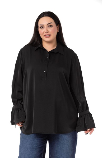 Büyük Beden Kolları Bağlama Detaylı Siyah Gömlek