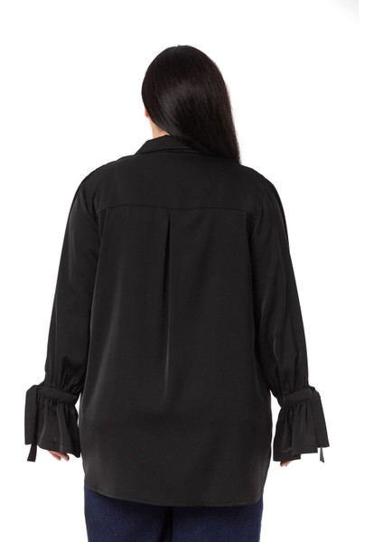 Büyük Beden Kolları Bağlama Detaylı Siyah Gömlek modelleri