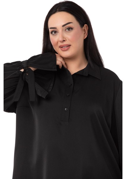 Büyük Beden Kolları Bağlama Detaylı Siyah Gömlek fırsatları