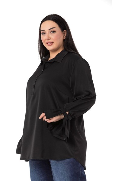 Büyük Beden Kolları Bağlama Detaylı Siyah Gömlek indirimleri
